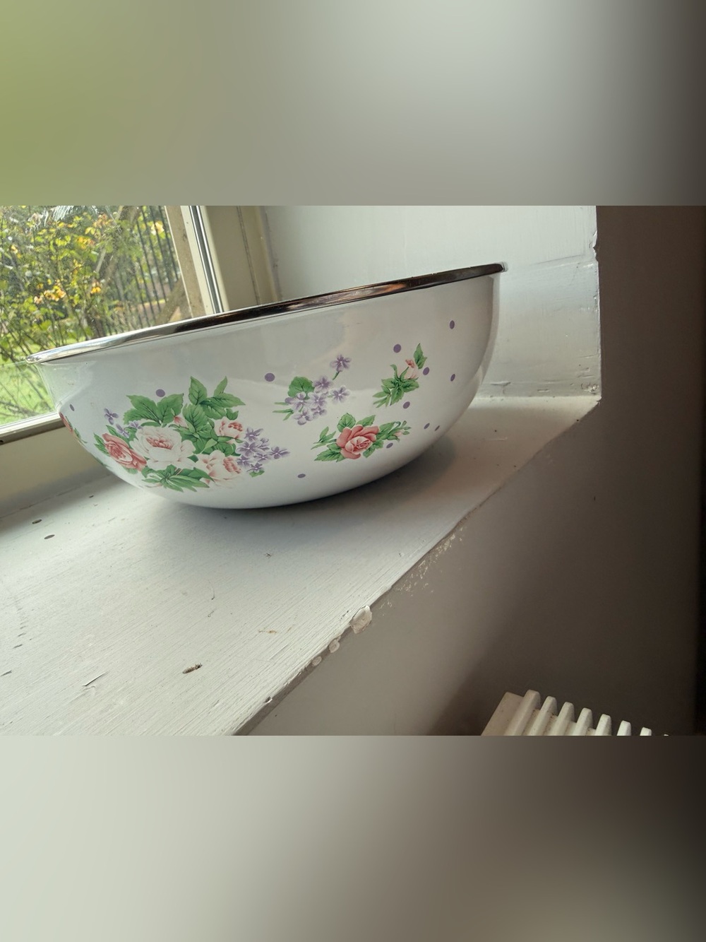 Floral Enamel Mixing Bowl - White with Pink & Green Design